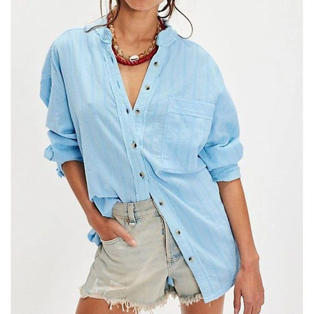 Free People We The Free Summer Sorbet Shirt Top Textured Oversized Blue L 292031